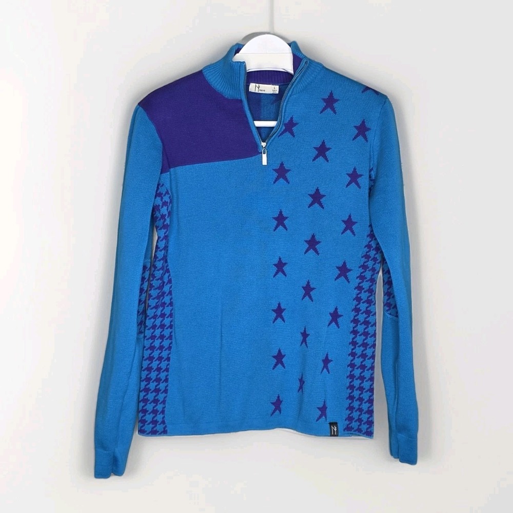 Neve Designs 1/4 Zip Wool Star‎ Long Sleeve Sweater Ski W Sz Lg Turquoise Purple